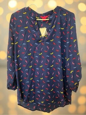 Sunny Leigh Navy Blouse with Red, Yellow, Pink, and Blue Shoe Print